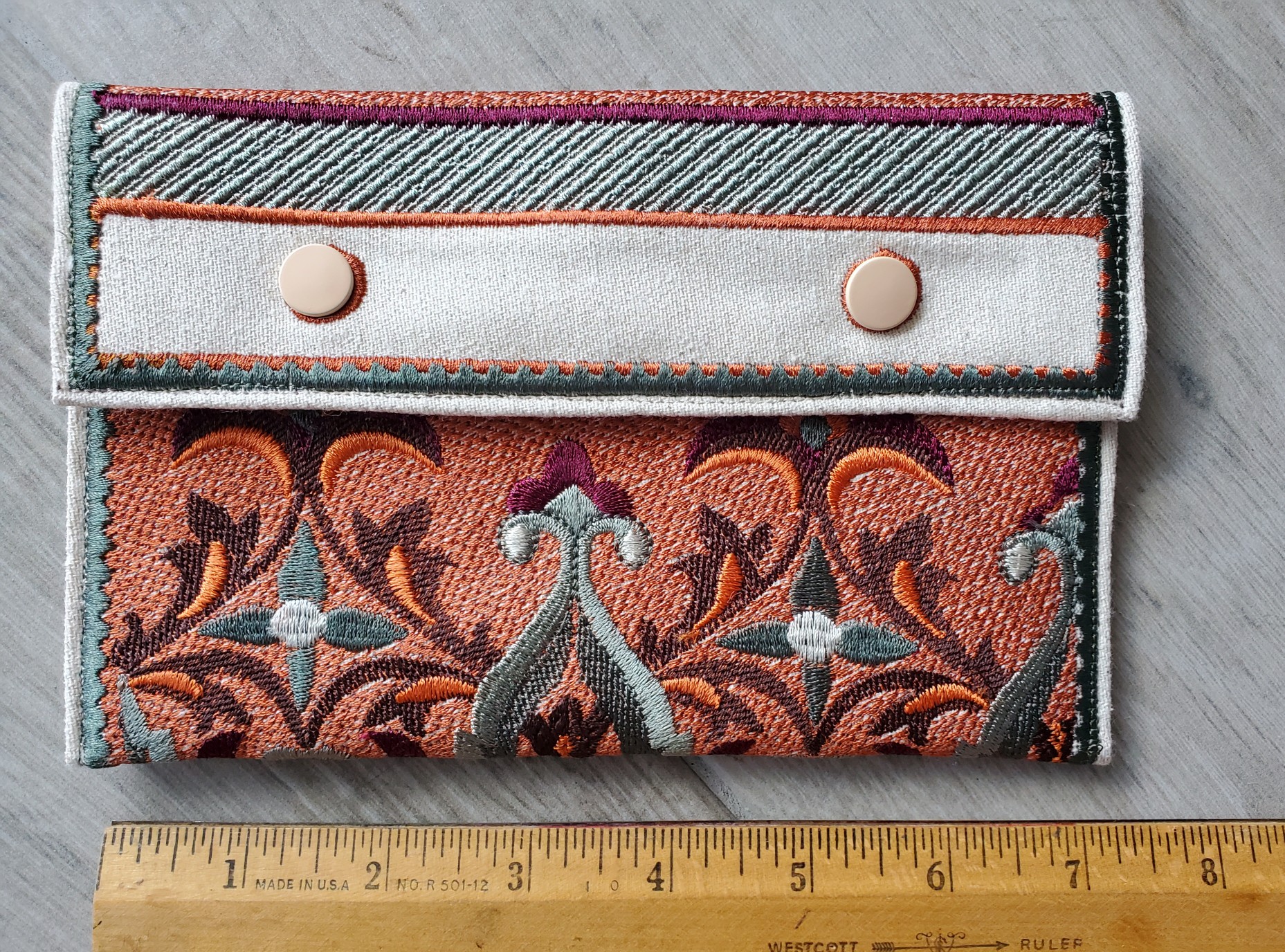 large-tapestry-embroidered-wallet-sage-rust-front-Jen's-Bag-embroidered-bag